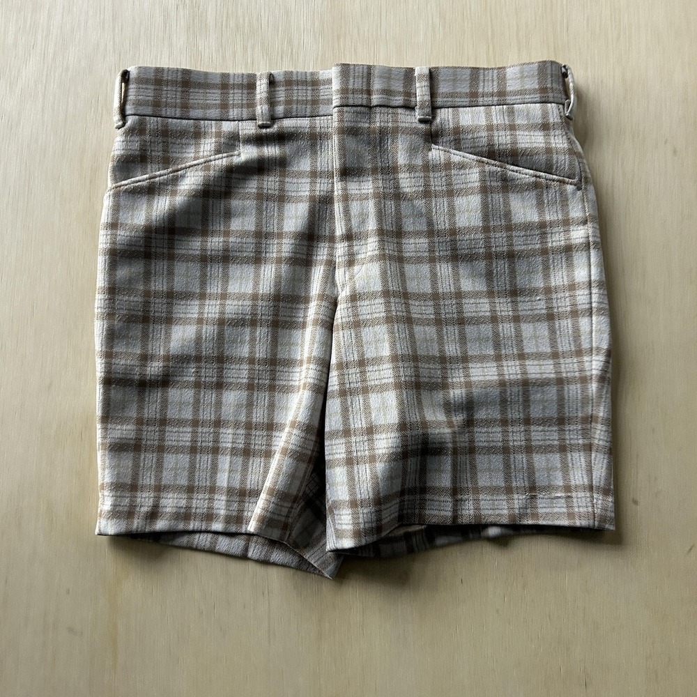 Kings Road Chino Shorts Mens 33 Beige Plaid Stretch Flat Front 7" Inseam Summer